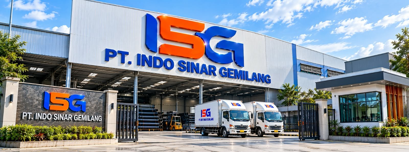 Gerbang dan gudang PT. Indo Sinar Gemilang dengan truk pengiriman ISG
