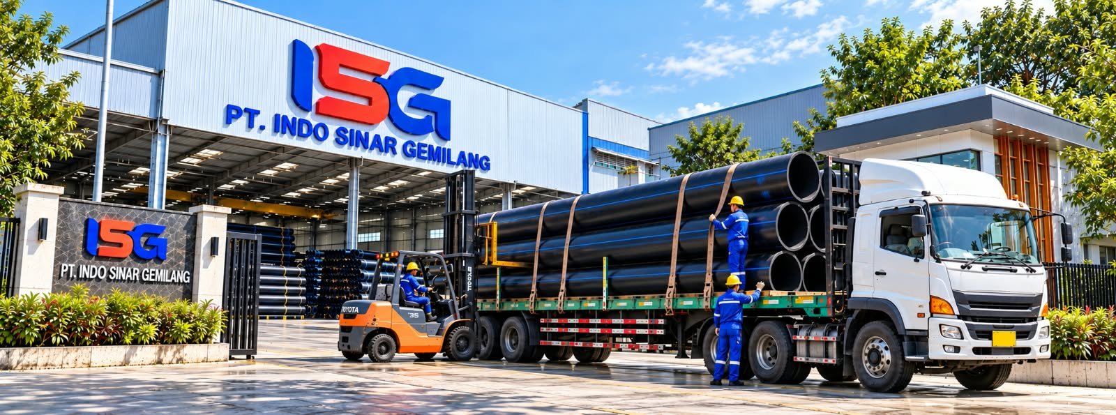 Pipa HDPE dimuat ke truk di gudang PT. Indo Sinar Gemilang